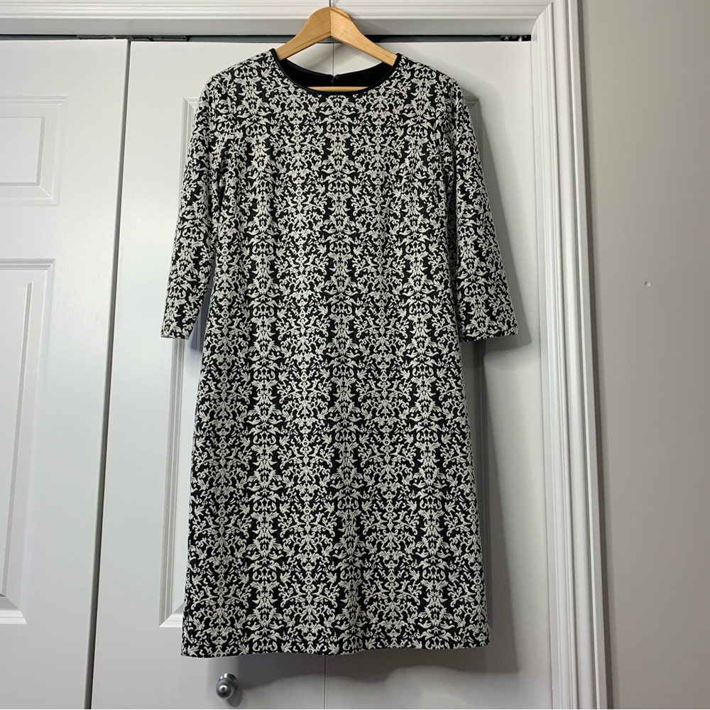Coldwater Creek Sheath Black + White Brocade Dress with Faux Leather Trim Size 6
